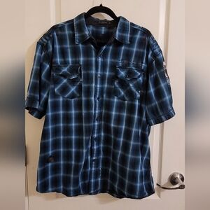 💲2️⃣ Vintage MFDM Blue & White Plaid Cotton Short-Slvd Button-Down Shirt Sz XL